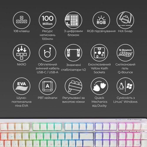 Фото - Клавиатура проводная игровая Ducky One 3 Cherry MX Red RGB White UA (DKON2108ST-RUAPXPWWWSC1)
