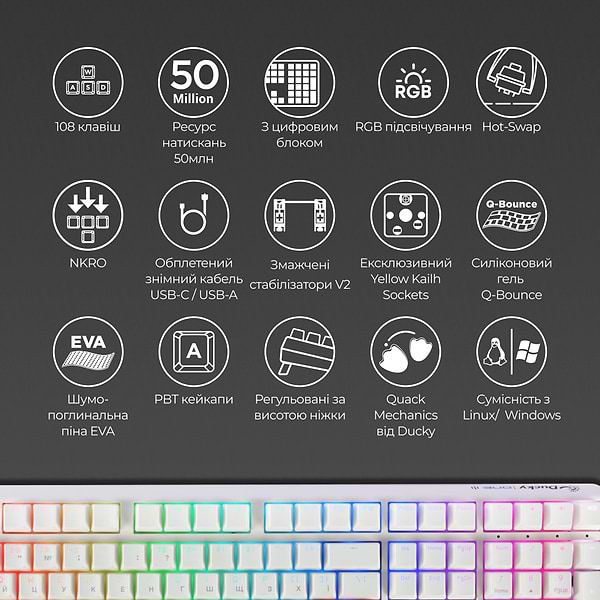 Фото - Клавіатура дротова ігрова Ducky One 3 Cherry MX Blue RGB White UA (DKON2108ST-CUAPXPWWWSC1)