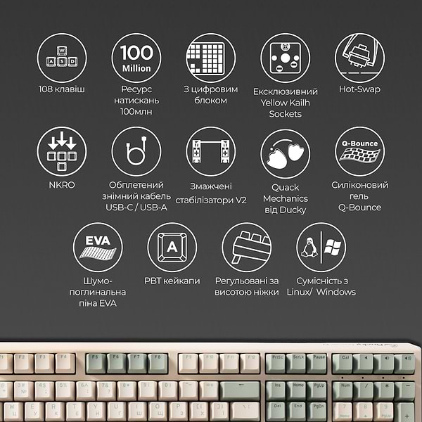 Фото - Клавіатура дротова ігрова Ducky One 3 Cherry MX Red Matcha Cream UA (DKON2108-RUAPXМAEGGC1)