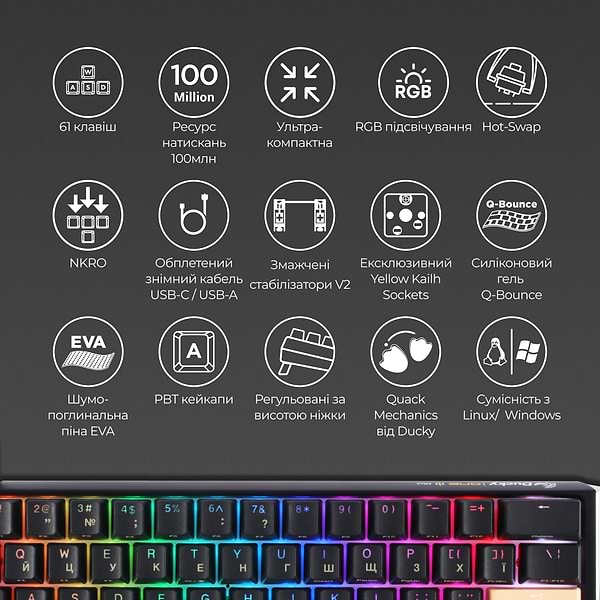 Фото - Клавіатура дротова ігрова Ducky One 3 Mini Cherry MX Speed silver RGB Black UA (DKON2161ST-PUAPXCLAWSC1)