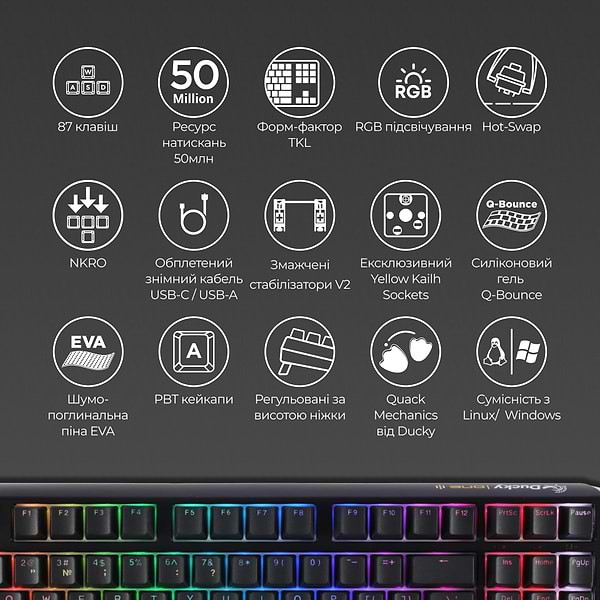 Фото - Клавіатура дротова ігрова Ducky One 3 TKL Cherry MX Blue RGB Black UA (DKON2187ST-CUAPXCLAWSC1)