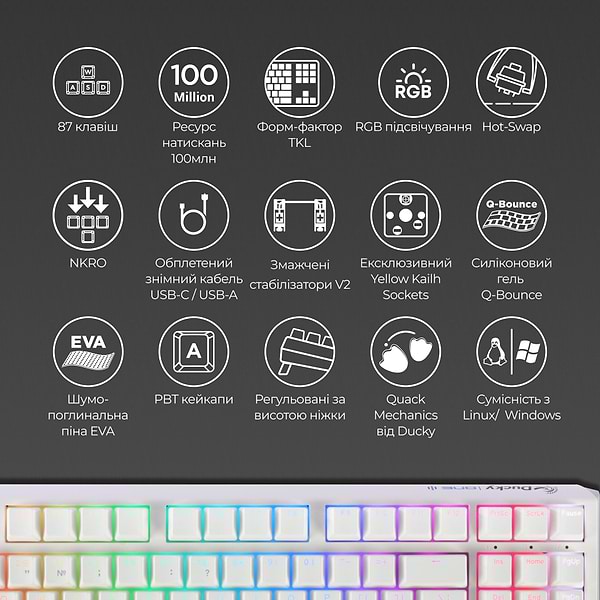 Фото - Клавіатура дротова ігрова Ducky One 3 TKL Cherry MX Brown RGB White UA (DKON2187ST-BUAPXPWWWSC1)