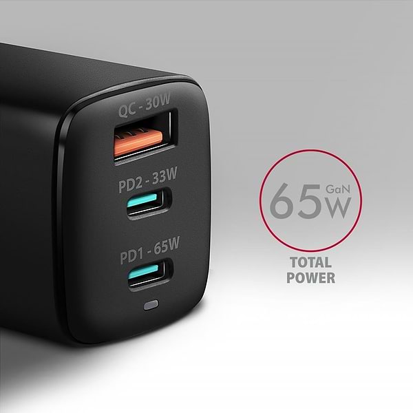 Фото - Мережевий зарядний пристрій AXAGON 3x port (USB + dual USB-C), PD3.0/QC4+/PPS/Apple, 65W Black (ACU-DPQ65)
