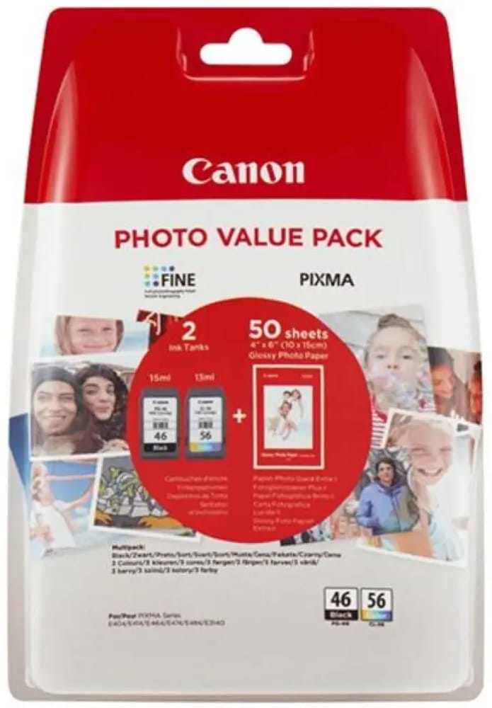 Картридж для струйных МФУ и принтеров Canon PG-46/CL-56 Multipack Black+Color + фотобумага 4х6 210 г/м2 50 листов (9059B006AA)