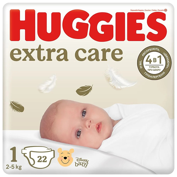 Фото - Одноразові підгузки Huggies Extra Care Розмір 1 (2-5 кг), 22 шт. (5029053583235)