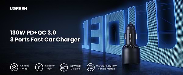 Фото - Автомобільний зарядний пристрій UGREEN 3xUSB 130W (2xUSB-C+USB-A) QC 3.0 Black (EC705) (35025)