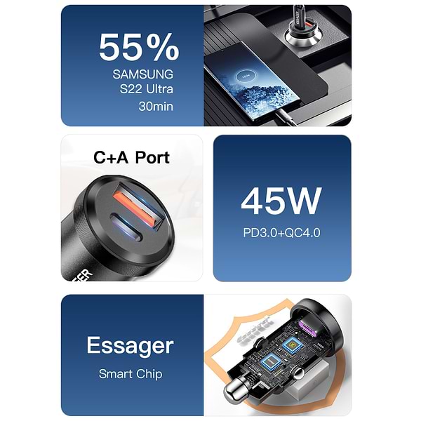 Фото - Автомобільний зарядний пристрій Essager Gyroscope Mini 45W Car Charger USB-A + Type-C Black (ECCAC45-TL01-Z)