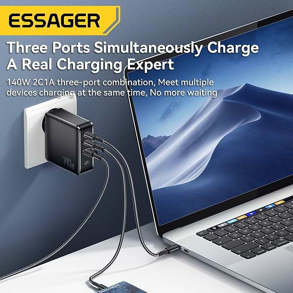 Фото - Сетевое зарядное устройство Essager Advance 140W GaN Travel Charger 2C+A EU (ECT2CA-ZCB01-Z)