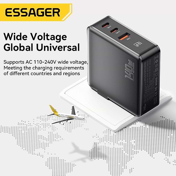 Фото - Сетевое зарядное устройство Essager Advance 140W GaN Travel Charger 2C+A EU (ECT2CA-ZCB01-Z)