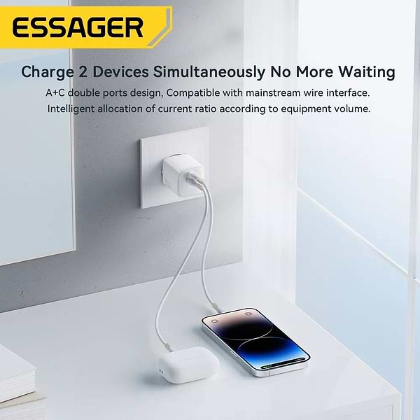 Фото - Сетевое зарядное устройство Essager PoleStar GaN 33W Travel Phone Charger USB A + Type C EU (ECTAC-JXB02-Z)