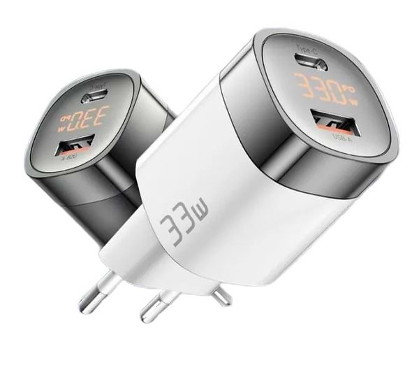 Фото - Сетевое зарядное устройство Essager 33W GaN Digital Display Travel Charger A+C EU White (ECTCA-LYB02-Z)