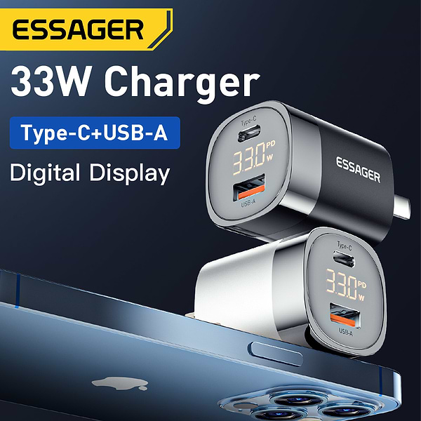 Фото - Сетевое зарядное устройство Essager 33W GaN Digital Display Travel Charger A+C EU White (ECTCA-LYB02-Z)