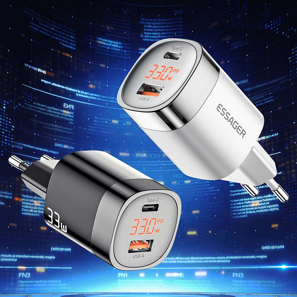 Фото - Сетевое зарядное устройство Essager 33W GaN Digital Display Travel Charger A+C EU White (ECTCA-LYB02-Z)