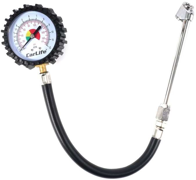 Манометр автомобільний CarLife 12 Атм, металевий, гнучкий шланг, подвійний затискач (TG582)