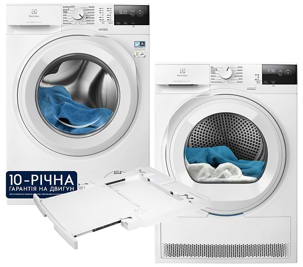 Фото - Комплект техніки Electrolux Пральна машина з фронтальним завантаженням + Сушильна машина + Комплект кріплень для встановлення в колону Electrolux EW6F2281U + EW6D283YU + E1WYHSK2
