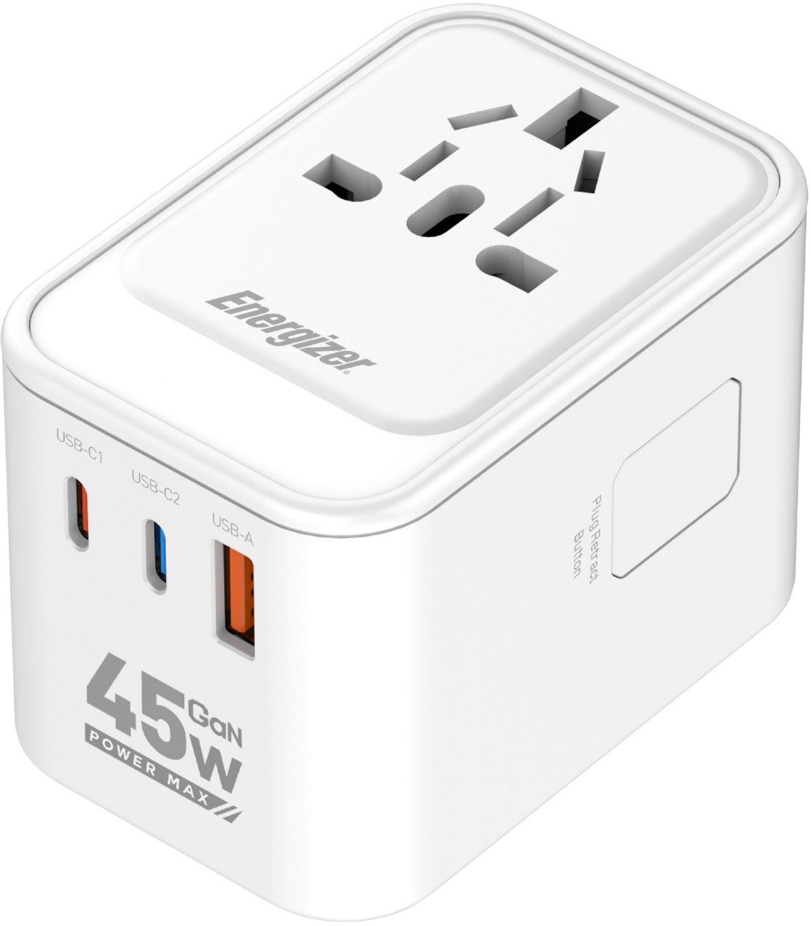 Мережевий зарядний пристрій Energizer 3xUSB 45W GaN (2хUSB-C+USB-A) PD3.0/QC3.0, universal plugs US/EU/AU/UK (ETC450)