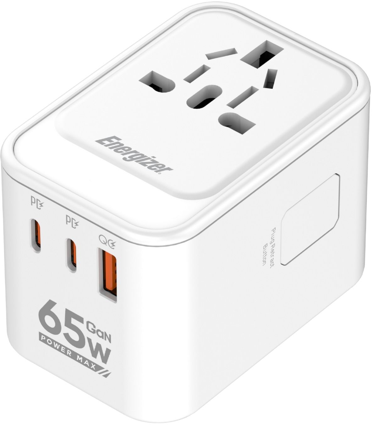 Мережевий зарядний пристрій Energizer 3xUSB 65W GaN (2хUSB-C+USB-A) PD3.0/QC3.0, universal plugs US/EU/AU/UK (ETC650)