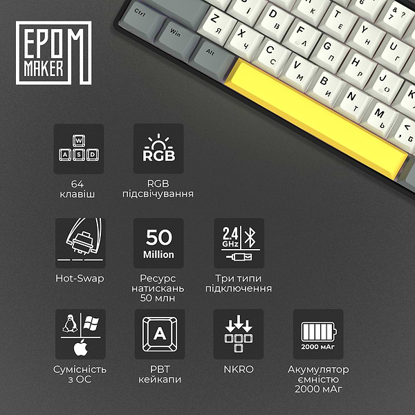Фото - Клавиатура беспроводная игровая EPOMAKER EP64 Mulan Switch Hot-Swap RGB Black (EP64-B-M)