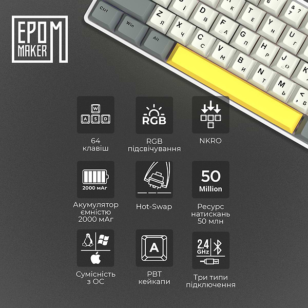 Фото - Клавиатура беспроводная игровая EPOMAKER EP64 Mulan Switch Hot-Swap RGB White (EP64-W-M)
