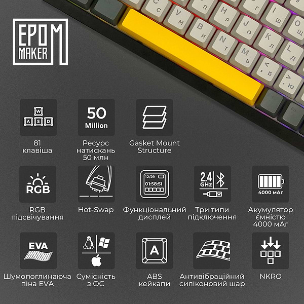 Фото - Клавиатура беспроводная игровая EPOMAKER AK820 Pro Gift Switch Hot-Swap Black (AK820-PRO-B-G)
