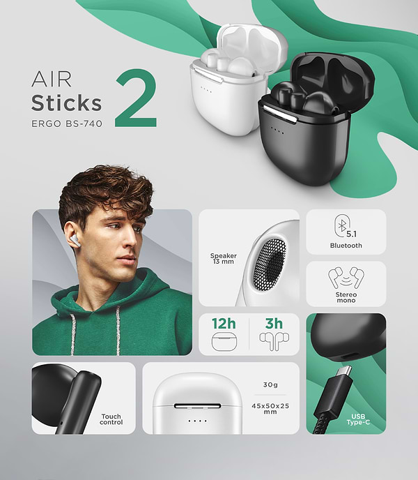 Фото - Наушники вкладыши беспроводные TWS Ergo BS-740 Air Sticks 2 Black