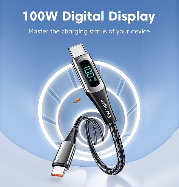 Фото - Кабель синхронізації даних Essager LED Digital Display Fast Charging 100W USB Cable Type C to Type C  2m Black (ES-XCTT1-YDA01)