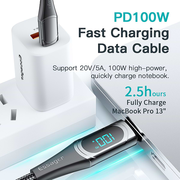 Фото - Кабель синхронізації даних Essager LED Digital Display Fast Charging 100W USB Cable Type C to Type C  2m Black (ES-XCTT1-YDA01)