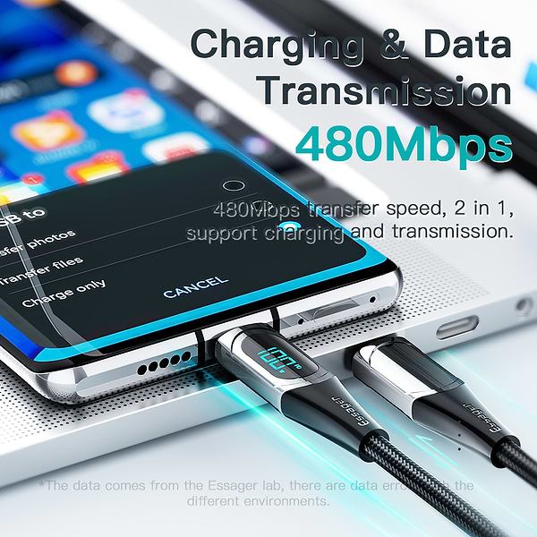 Фото - Кабель синхронізації даних Essager LED Digital Display Fast Charging 100W USB Cable Type C to Type C  2m Black (ES-XCTT1-YDA01)
