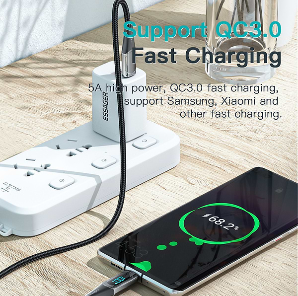 Фото - Кабель синхронізації даних Essager LED Digital Display Fast Charging 100W USB Cable Type C to Type C  2m Black (ES-XCTT1-YDA01)