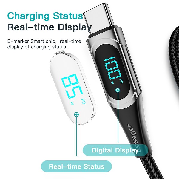 Фото - Кабель синхронізації даних Essager LED Digital Display Fast Charging 100W USB Cable Type C to Type C  2m Black (ES-XCTT1-YDA01)