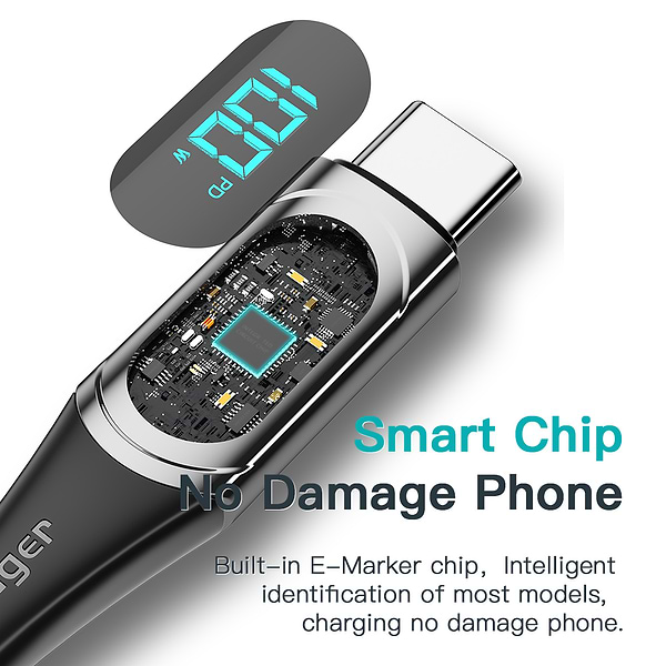 Фото - Кабель синхронізації даних Essager LED Digital Display Fast Charging 100W USB Cable Type C to Type C  2m Black (ES-XCTT1-YDA01)
