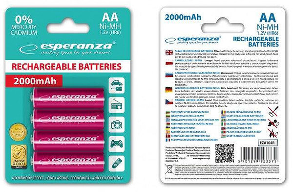 Фото - Аккумулятор тип AA Esperanza Ni-MH AA 2000 mAh 4шт Red (EZA104R)