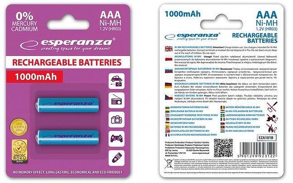 Фото - Акумулятор тип AAA Esperanza Ni-MH AAA 1000 mAh 2шт Blue (EZA101B)