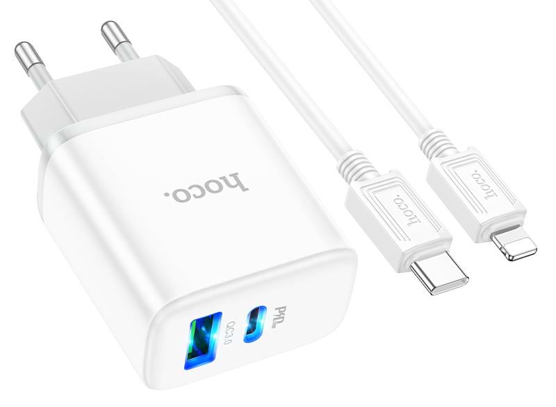 Сетевое зарядное устройство HOCO C105A PD20W+QC3.0 charger set (C to iP)(EU) White (6931474782939)