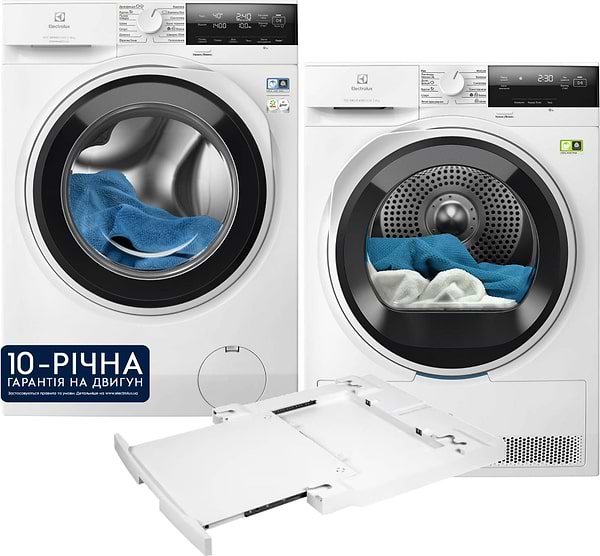 Фото - Комплект техніки Electrolux Пральна машина з фронтальним завантаженням + Сушильна машина + Комплект кріплень для встановлення в колону Electrolux EW6F3414UU + EW7D394UU + E1WYHSK2