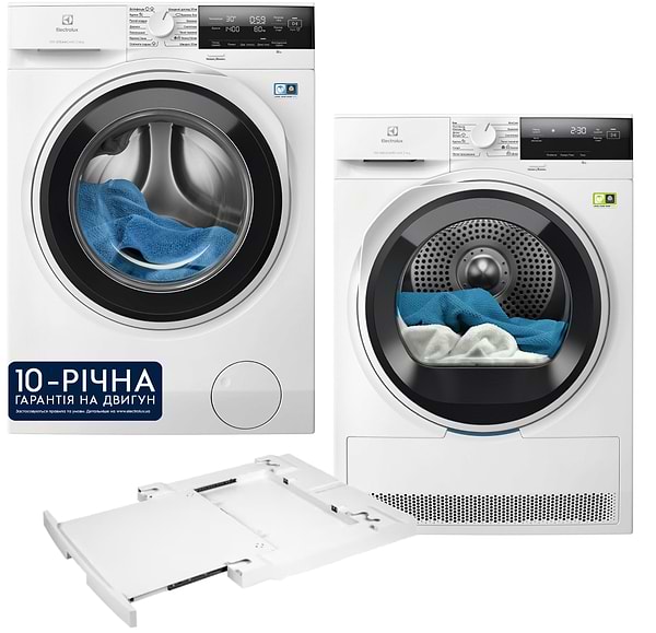 Фото - Комплект техники Electrolux Стиральная машина с фронтальной загрузкой + Сушильная машина + Комплект креплений для установки в колонну Electrolux EW7F3414U + EW7D394U + E1WYHSK2