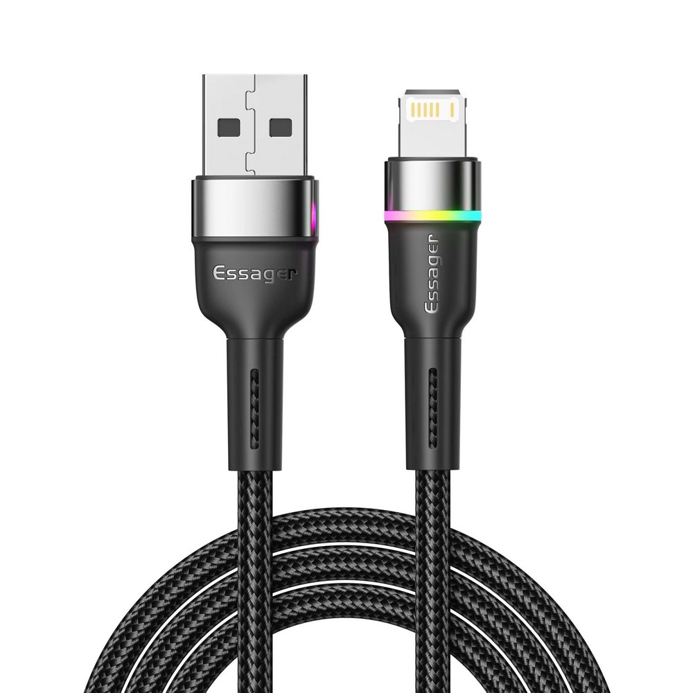 Кабель синхронізації даних Essager Colorful LED USB Cable Fast Charging 2.4A USB-A to Lightning 2m Black (EXCL-XCDA01)