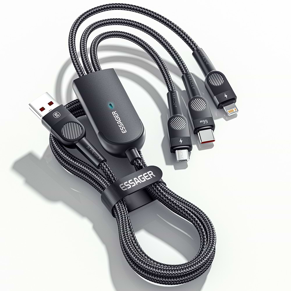 Кабель Essager Swift 3-in-1 USB Cable 66W Micro+ Type C + Lightning 1.2m Black (EXCMTL-XJ01)