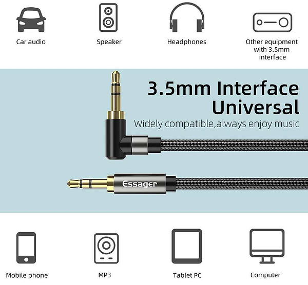 Фото - Кабель 3.5 мм -3.5 мм Essager AUX Cable 3.5mm Jack Audio Cable 3.5 mm Jack Hifi Aux 1.5m (EYP35-WTA01)
