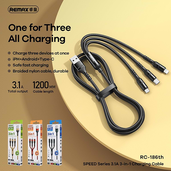 Фото - Кабель Remax RC-186th SPEED Combo 3-in-1 USB - Lightning + micro USB + USB Type-C (M/M), 2.1 A, 1.2 м, Black (2000700011052)