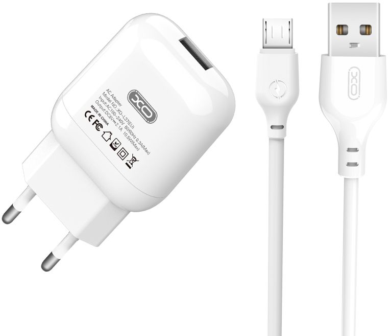 Мережевий зарядний пристрій XO L37 charger with micro cable, white (XO-L37+M)