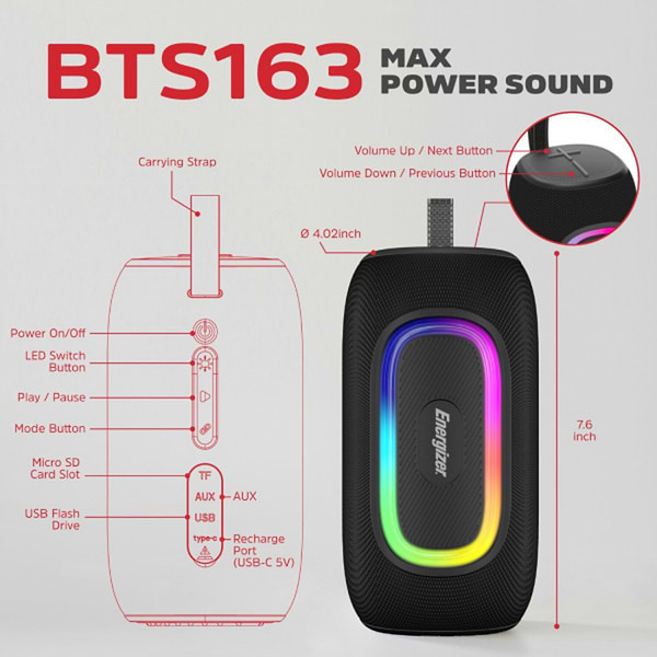 Фото - Портативна акустика Energizer 16Вт Bluetooth Black (BTS163)
