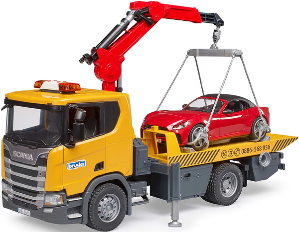 Фото - Наземна спецтехніка BRUDER Евакуатор Scania Super 560R з краном-маніпулятором та автомобіль Roadster Bruder (03552)