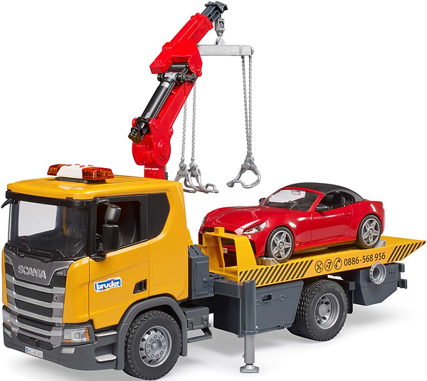Фото - Наземна спецтехніка BRUDER Евакуатор Scania Super 560R з краном-маніпулятором та автомобіль Roadster Bruder (03552)