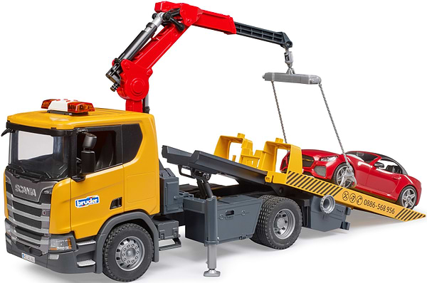 Фото - Наземна спецтехніка BRUDER Евакуатор Scania Super 560R з краном-маніпулятором та автомобіль Roadster Bruder (03552)