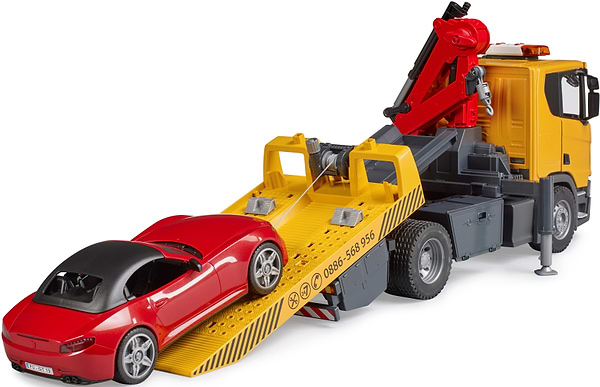 Фото - Наземна спецтехніка BRUDER Евакуатор Scania Super 560R з краном-маніпулятором та автомобіль Roadster Bruder (03552)