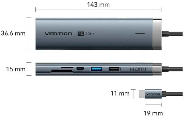 Фото - Хаб USB Vention USB3.2 Type-C HDMI/USB3.0/USB2.0/RJ45/SD/TF/PD 100W (TGUHB)