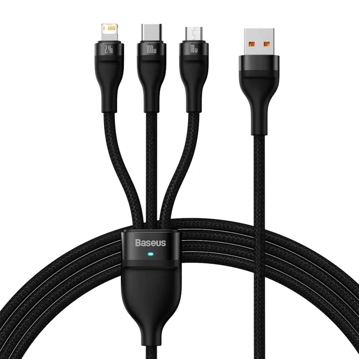Кабель синхронізації даних Baseus Flash Series One-for-three Fast Charging Data Cable USB to M+L+C 100W 1.2m Black (CASS030001)