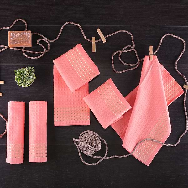 Фото - Рушник кухонний Aisha вафельний золотий борт Кораловий 40х60