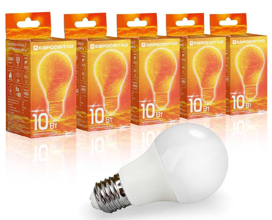 Лампочка светодиодная Євросвітло 10Вт 4200К A-10-4200-27 Е27 5 шт. (000040910) - Фото 1